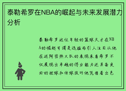 泰勒希罗在NBA的崛起与未来发展潜力分析